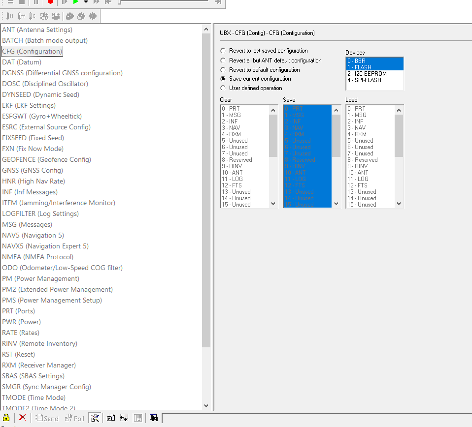 u-center CFG save current configuration to BBR and Flash
