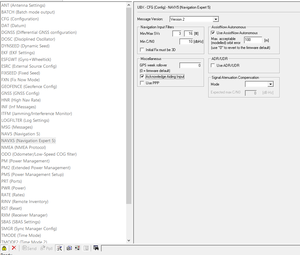 u-center NAVX5 navigation input filters