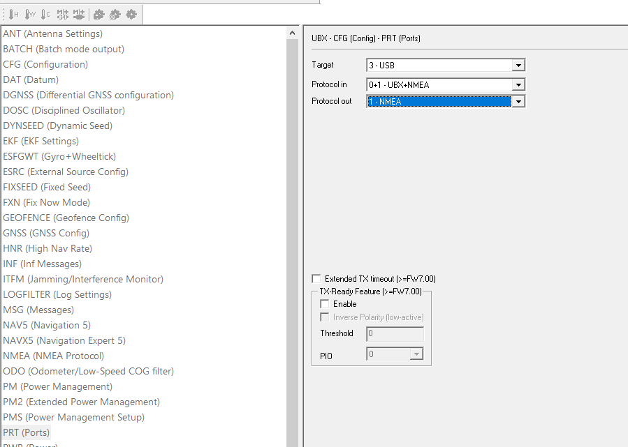 u-center PRT USB NMEA protocol output
